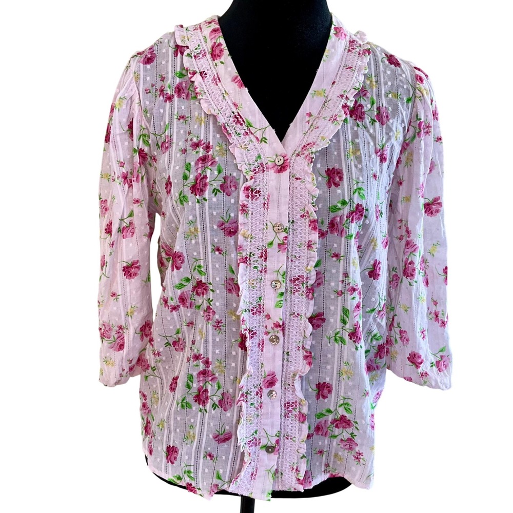 Nanette Lepore Pink Floral Swiss Dot Ruffle Lace V-Neck Blouse Top Shirt Cottage